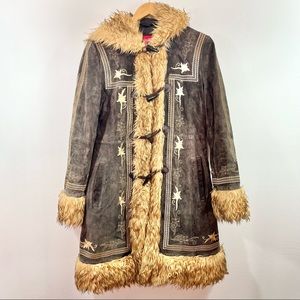 90s COLLECTION B Leather Embroidered Faux Fur Hooded Penny Lane Toggle Coat S